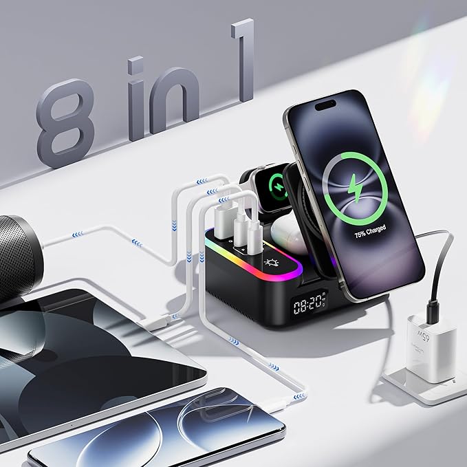8-in-1 Charging Station 65W, 15W Magnetic Wireless Charger with Retractable Cable, 30W USB C Fast Charging Stand for iPad, Multiple Devices for iPhone 17 16 15 14 13 12 Pro Max Apple Watch Airpods