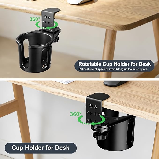 MYITYARD Desk Cup Holder Clamp, Clip On Table Cup Holder, Rotatable Water Bottle Stand Drink Coffee Mug Storage, Office Accessories for Home and School