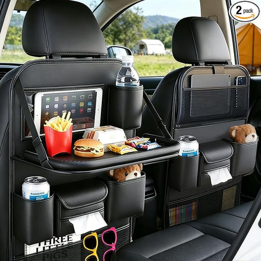 2-Pack Backseat Car Organizer with Tray – 21"x17" Premium PU Leather Kick Mats with Tray, Hanging Car Seat Back Protector & Storage for Tablet, Snacks, Diapers – Universal Fit for SUV, Truck (Black)