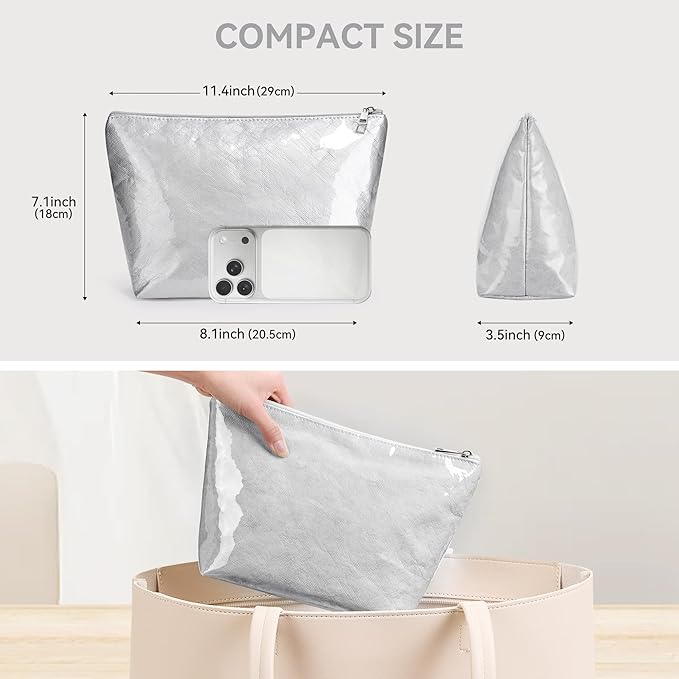WLLWOO PVC Waterproof Makeup Bag Kraft Paper Cosmetic Bag Travel Toiletry Zipper Pouch Organizer for Women Purse