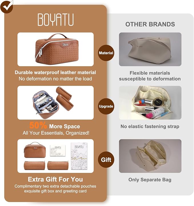 BOYATU Travel Makeup Bag Cosmetic Bags for Women: Large Capacity 3 Pcs Set Make up Bag with Compartments - Waterproof Vegan Leather Toiletry Organizer Bags with Handle (L53Brown)