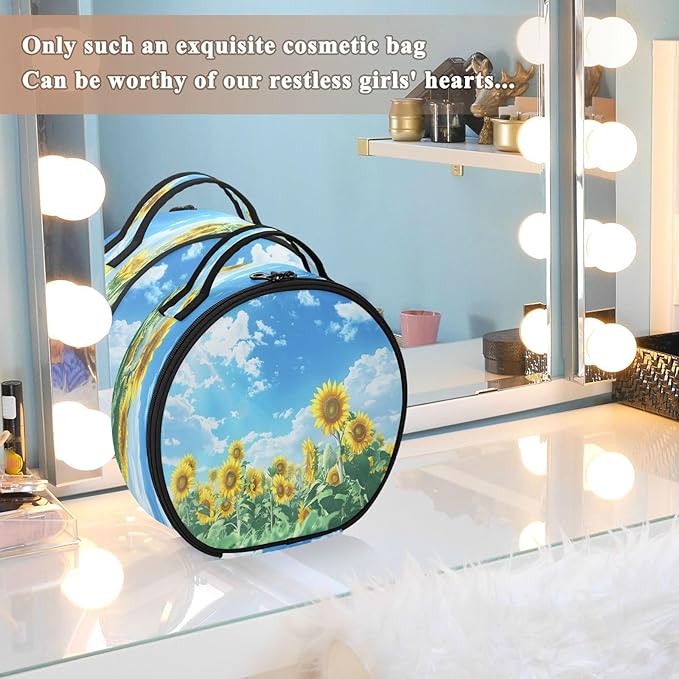 senya Round Cosmetic Pouch Travel Makeup Train Case Sunflower Makeup Organizer Bag with Adjustable Dividers Portable for Cosmetics Makeup Brushes Toiletry Jewelry Accessories