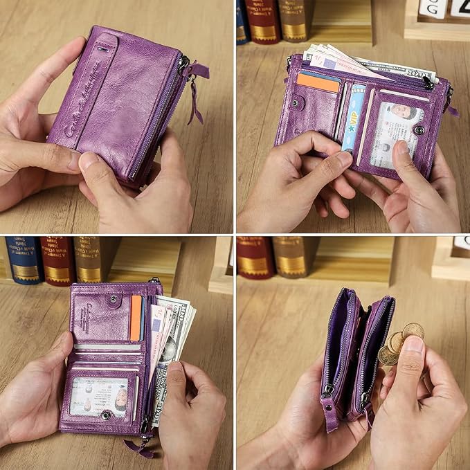 CONTACTS Soft Leather Wallet for Women Small Bifold Coin Purse Double Zipper Card Holder with RFID Blocking (Purple)