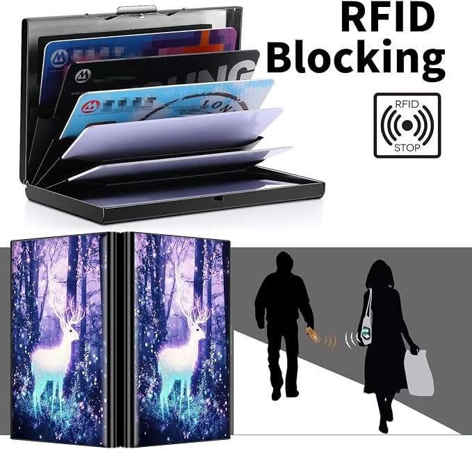 Metal Wallet for Women Men Girls, RFID Blocking Slim Aluminum Credit Card Holder, Mini Travel Wallet with Hard Shell, Lightweight ID & Business Card Case,Elk Deer Forest