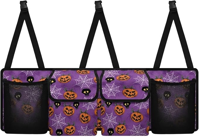 Hanging Car Trunk Organizer for SUV Sedans Jeep Trucks MPV Van, Halloween Spiderweb Pumpkins Collapsible Design Car Back Seat Storage Bag Automotive Interior Accessories