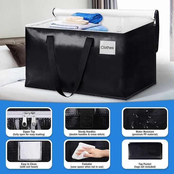 BlissTotes Moving Bags, Heavy Duty Moving Boxes with Zippers Top and Sturdy Handles, Storage Bags for Space Saving and Packing, Collapsible Moving Supplies, Storage Totes (93L, 2-Pack, Black)