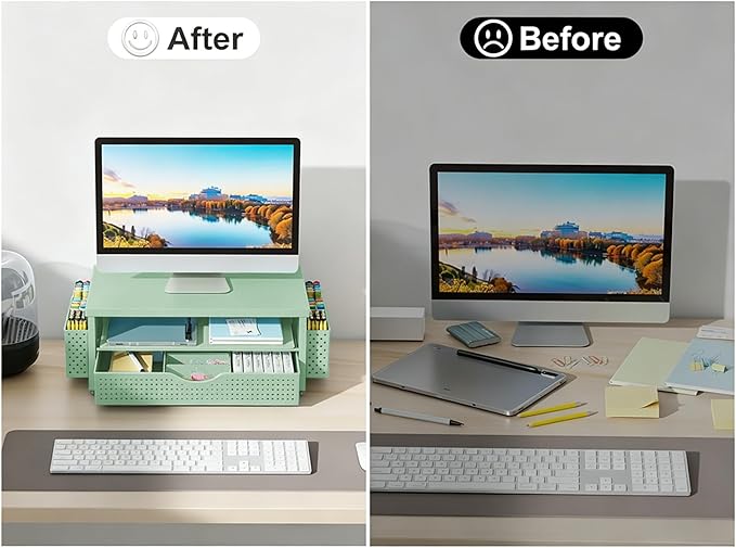 gianotter Desk Organizers and Accessories, Monitor Stand with Drawer and 2 Pen Holder, Desktop Organizer Suitable for Offices and Dormitories (Sage Green-Plain)