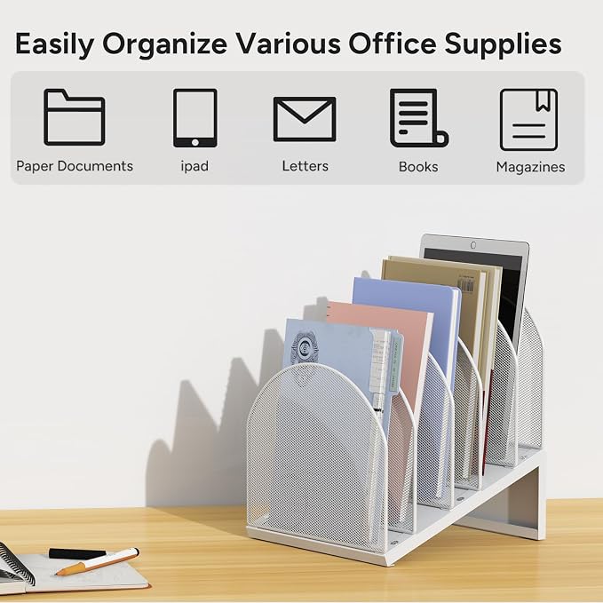 5-Section Desk File Organizer, Metal Mesh Folder Organizer for Documents, Mail & Office Papers (White)