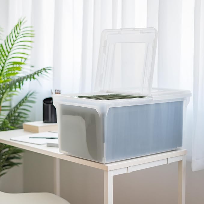 IRIS USA File Box, File Organizer w/Hinged Split Lid for Letter File, Important Document Box, Plastic Storage Filing Bin for Moving, Stackable Nestable Portable, Clear 44 Qt. 5 Pack
