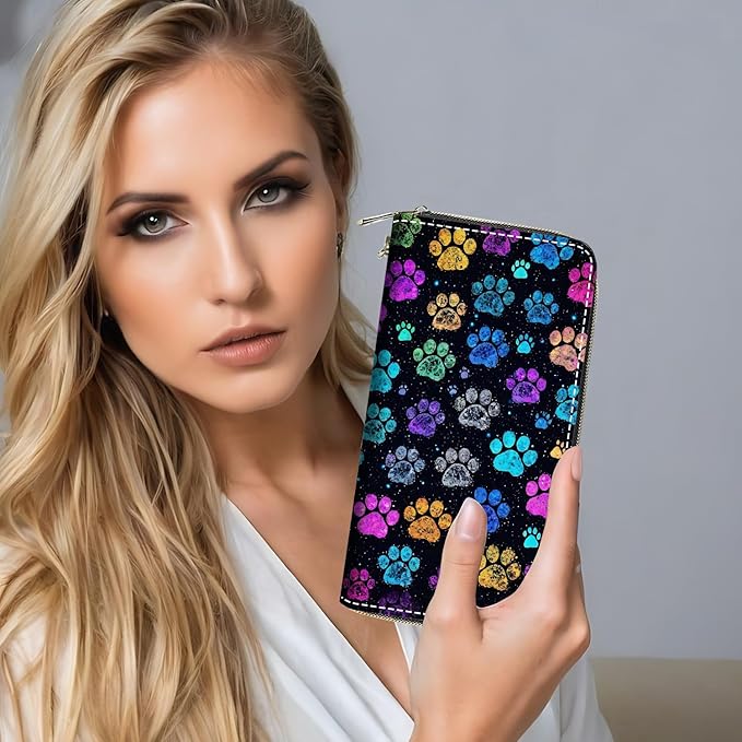 Colorful Dog Paw Prints Print Women Large Capacity PU Leather Zip Around Wallet, Multifunctional Clutch Purse for Cash/Card/Coin/Smart Phone