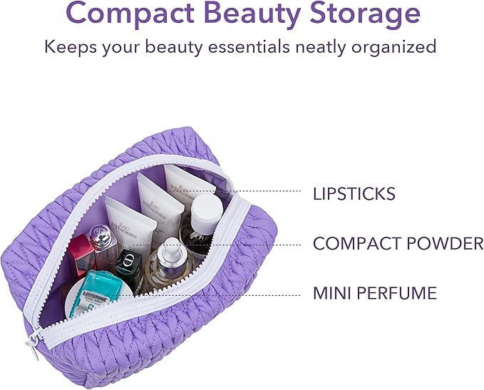 Knitty Bag – Lavender Quilted Makeup Bag for Women, Lightweight Waterproof Cosmetic Organizer, Soft Nylon Travel Pouch, Elegant Gift Choice