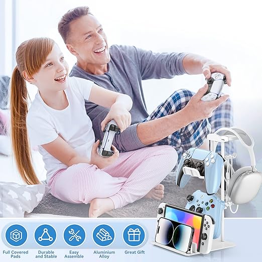 KDD Headphone Stand, Controller Holder & Headset Holder for Desk, Earphone Stand with Aluminum Supporting Bar, Universal Storage Organizer Headphones/Controller/Switch/Mobile Phone(White)