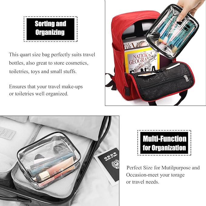 MODENGKONGJIAN TSA Approved Toiletry Bag, 3 Pcs Clear Toiletries Bags Quart Size Travel Makeup Cosmetic Bag for Women Men, Carry on Airport Airline Compliant Bag (Matte black)