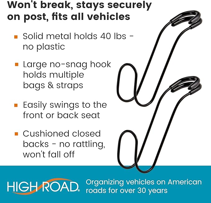 High Road Unbreakable Car Bag Hooks - Large, Solid Metal Car Seat Hooks for Purse, Backpack, Coats, Hats and Heavy Bags up to 40 lbs - Secure Attachment Fits All Metal Headrest Posts, 2-Pack