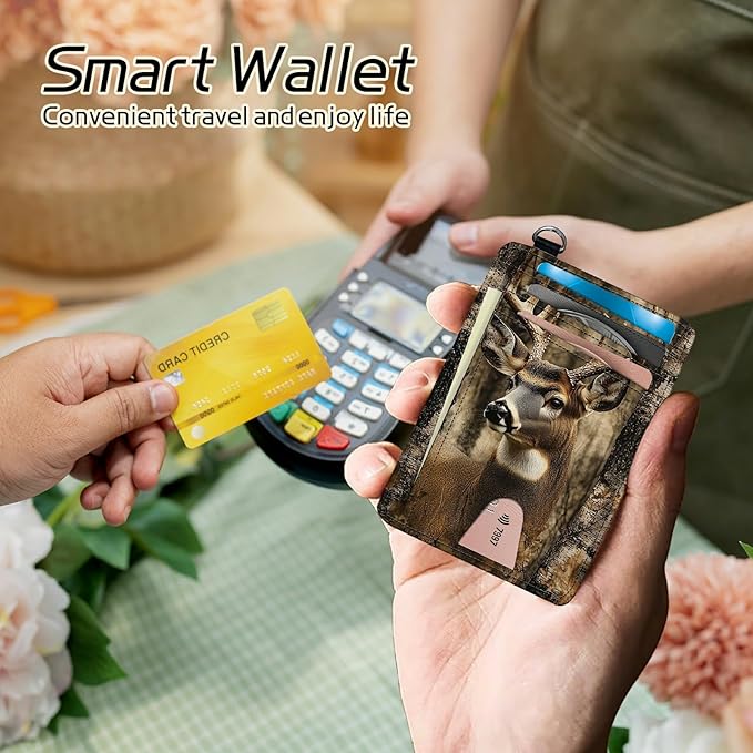 Small Travel Wallets, Camo Deer Tree Slim Minimalist Front Pocket Wallet with Wristlet, RFID Blocking PU Leather Credit Card Holder with ID Window Change Purse for Men Women