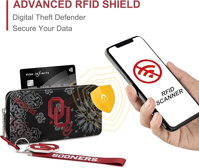 Oklahoma Sooners Wristlet Purse Licensed, OU Team Clutch Wallet with RFID Blocking Card Slot, Zipper Purse for Fan Gifts, Game Day, Travel Essentials | Black, NC-OU011BK