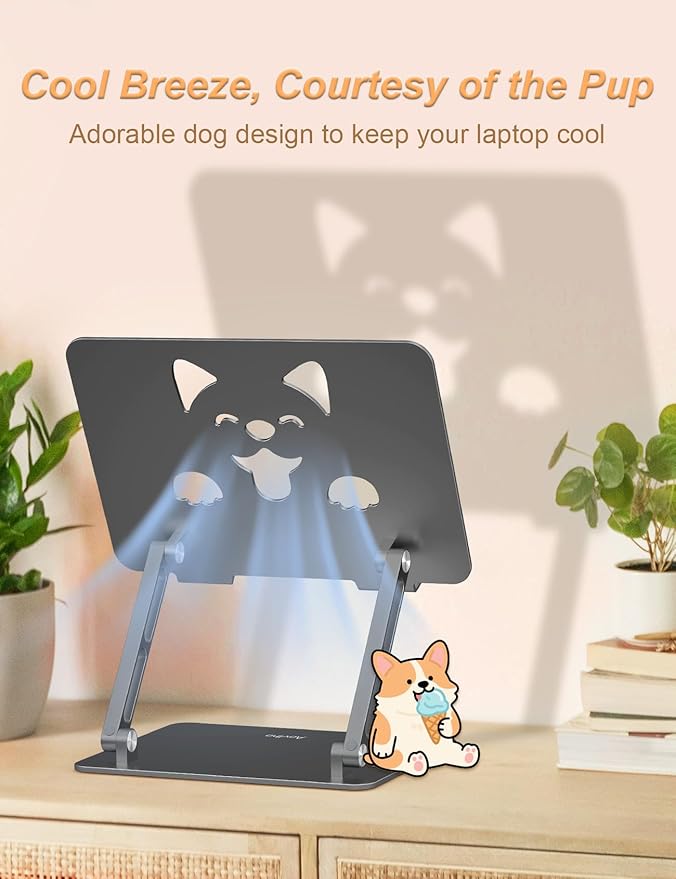 Laptop Stand for Desk-Adjustable, Foldable, Portable, Ergonomic Aluminum Notebook Riser with Unique Puppy Cooling Vent, Desk Gift for 10-17.3" Devices Mac, Dell, HP, Lenovo, Samsung, Gray