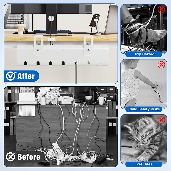 2 Pack No-Drill Under Desk Cable Management Tray 33.8 inch Large Wire Cord Organizers, Cable Management Under Desk for Home and Office No Damage White