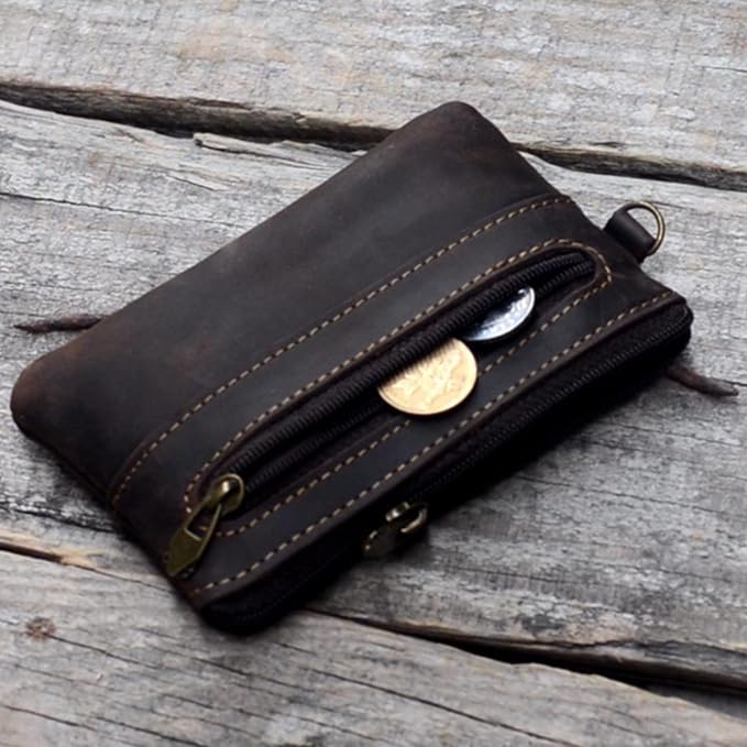 JJNUSA Genuine Leather Zipper Coin Purse for Men, Credit Card Case Holder, Mens Tray Purses Coin Purse Cash Change Wallet Car Smart Holder Money Pouch Darkbrown