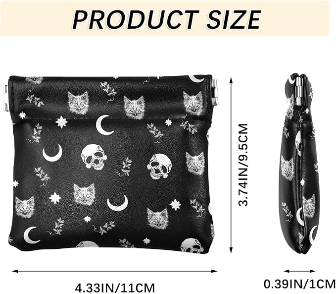 Gothic Moon Skull Cat Women's Waterproof PU Leather Coin Purse, Slim Travel Wallet with Zipper - Compact Card Holder & Jewelry Organizer for Cash, Keys, Lipstick