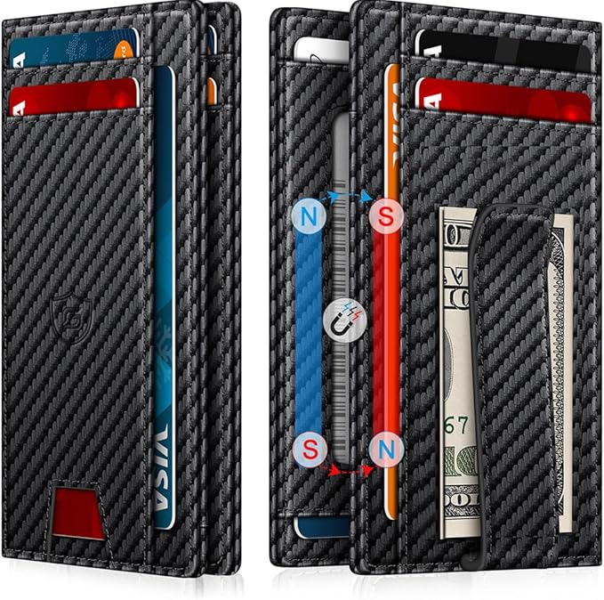 Wallet for Men 14-16 Cards, Men's Leather Wallet, Minimalist Thin Card Holder RFID Blocking Money Clip with Simplified Bill Folder & Magnetic Closure, Gifts for Men, Carbon Fiber