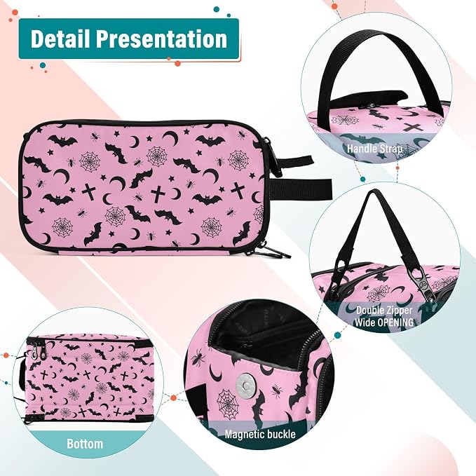 MNSRUU Travel Makeup Bag,Pink Goth with Bats Makeup Bag Large Capacity Portable Travel Toiletries Bag for Travel Size Cosmetic Bag Organizer, Women Toiletry Makeup Bag Organizer
