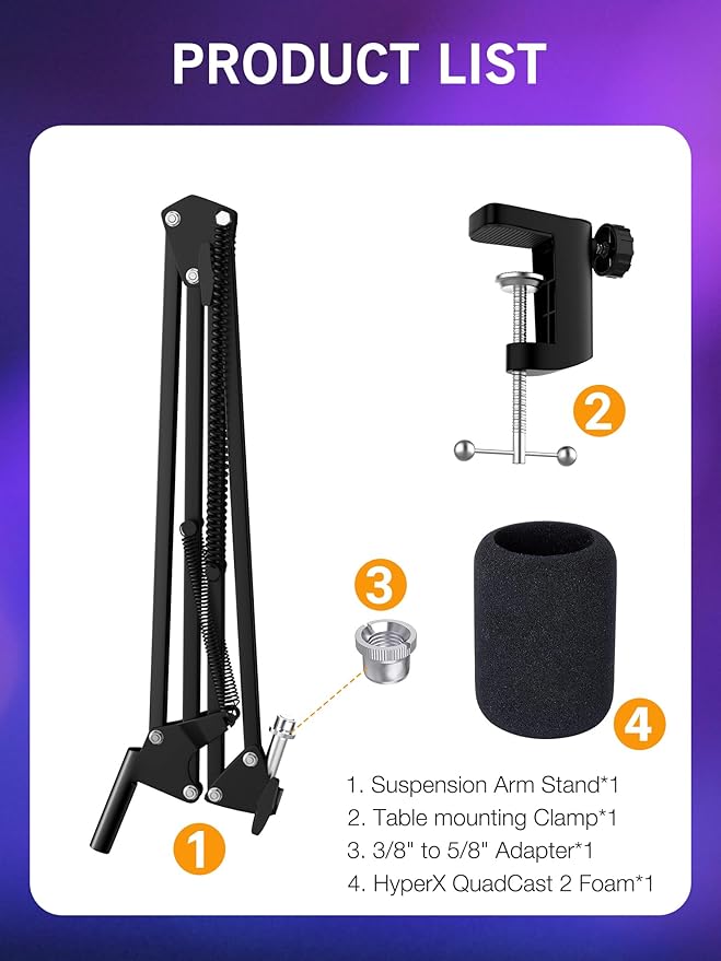 QuadCast 2 Boom Arm, Mic Arm Microphone Arm for HyperX QuadCast 2 with HyperX QuadCast 2 Pop Filter, 3/8" to 5/8" Adapter, by SUNMON