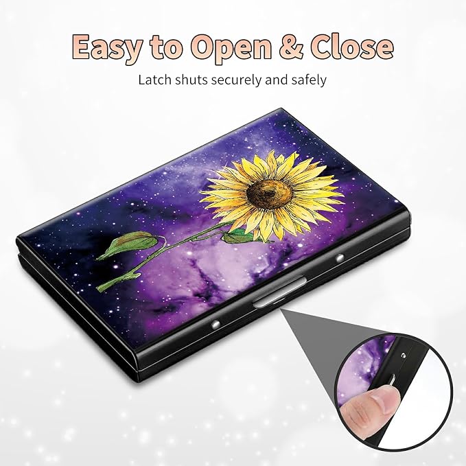 Slim Credit Card Holder, Sunflower Yellow Purple Galaxy RFID Blocking Metal Wallet for Men & Women, Aluminum Minimalist Hard Case Pocket-Sized Business Cards Organizer (Fits Up to 10 Cards)