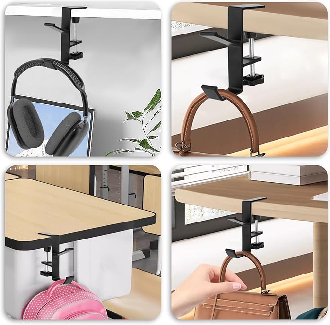 Jeffdad Metal Headphone Hook, Headphone Hanger with Double Hooks, Universal Aluminum Alloy Gaming Headphone Stand Under Desk, Non-Slip Adjustable Desk Headphone Hanger Hook