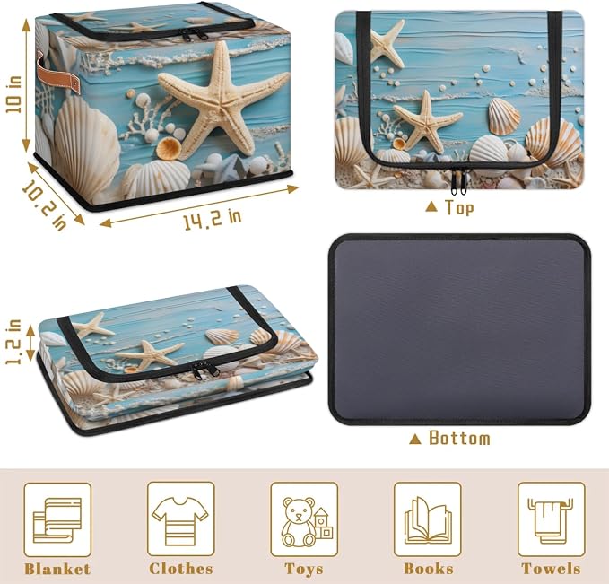 Ocean Shells Starfish Storage Bins With Zipper Lid, Collapsible Trunk Organizer, Car Organizers and Storage Bins with Lids, Decorative Storage Boxes with Handle, Home Storage Baskets for Organizing