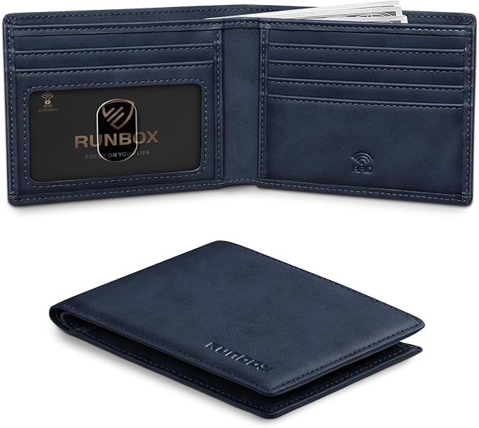 RUNBOX Wallet for Men Slim Leather Bifold RFID Blocking Minimalist Front Pocket Design with Gift Box