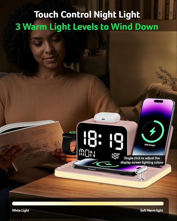 Acer 7-in-1 Wireless Charging Station with LED Clock - 30W Fast Wireless Charger for iPhone 16/15/14/13/12/Pro Max, Apple Watch, AirPods - Bluetooth Auto Time Sync & Night Lights (Pink)