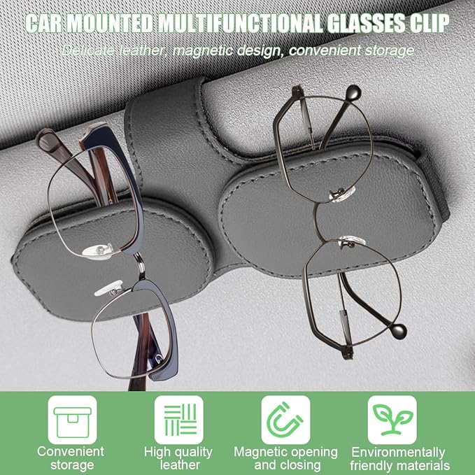 Sunglasses Holders for Car Visor, Magnetic Leather Vehicle Glasses Hanger with 2 Clips, Auto Interior Eyeglass Mount Organizer Accessories, Universal Fit (Gray)