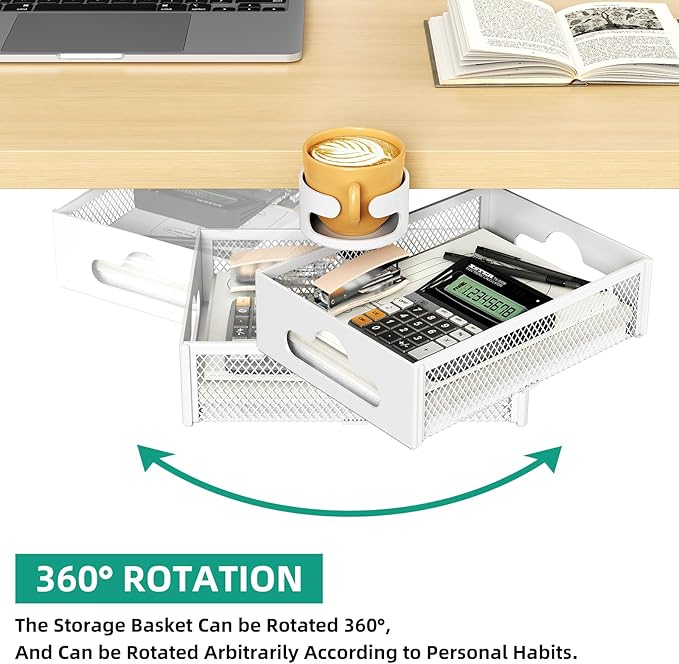 Desk Cup Holder with Drawer Organizer, Anti-Spill Clip-On Table Cup Hook with 360° Rotation Hidden Storage Box for Office Home Gaming Table (White)
