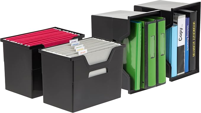 IRIS USA Large Portable Desktop File Box with Open Lid, 4 Pack, Side Handles, Hanging File Folders, Tabs & Inserts, Letter Size, Magazines, Newspapers, Mail, Books, Notebooks, Black