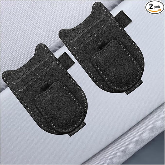 2PCS Sunglass Holder for Car Sun Visor, Magnetic Leather Vehicle Glasses Eyeglass Mount & Ticket Card Clip, Automotive Interior Visor Accessories, Universal for Sedan SUV Truck (Black)