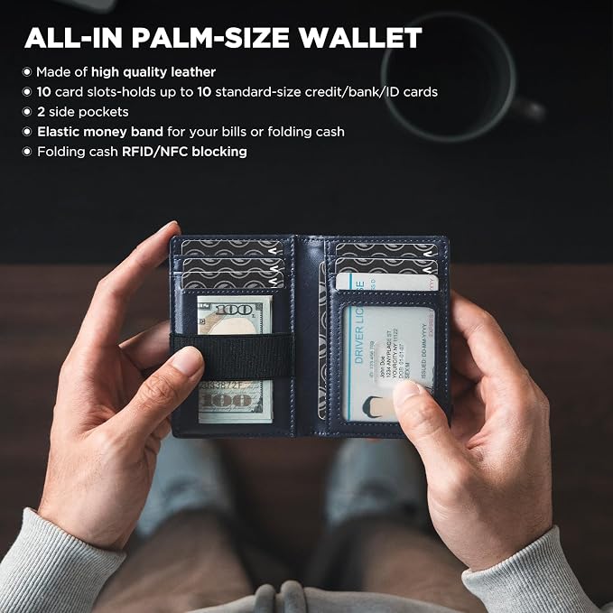 VULKIT Credit Card Holder RFID Blocking Slim Leather Front Pocket Mens Wallet Bank Card Holder Quick Access with 10 Slot and Money Band for Bills or Receipt, Palm-Size Wallet, Navy, 10.9 cm x 7.3 cm x