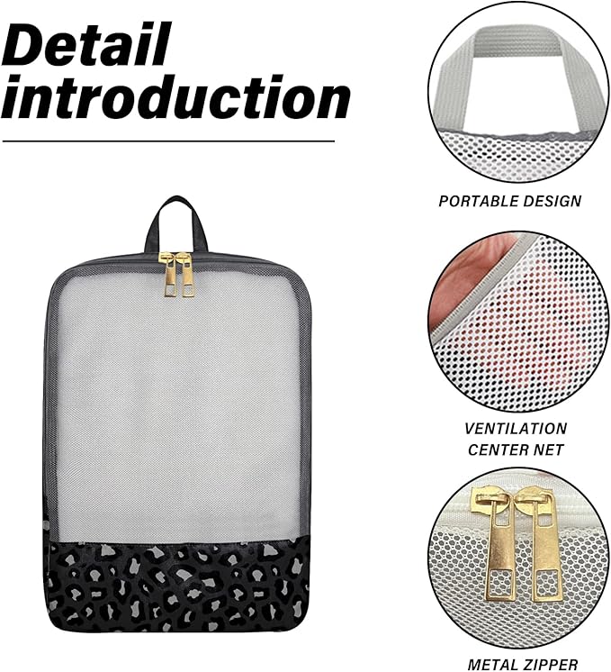 4 Set Packing Cubes Travel Luggage Organizers for Suitcase Travel Accessories for Women Girls Aesthetic Cute-Black Leopard Cheetah Pattern