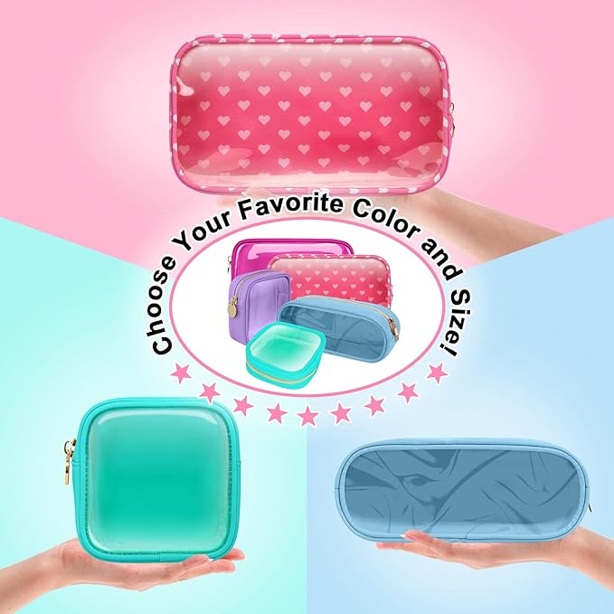 Mini Clear Travel Makeup Organizer Bag for Purse, Samll Cute Preppy Pink Makeup Bag Cosmetic Zipper Pouch Purse, Transparent PVC & Nylon Waterproof Toiletry Storage Clutch for Women Girls(Pink Heart)