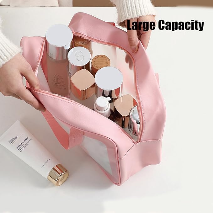 BIRDDIE Clear Travel Bags for Toiletries,3 Pack Toiletry Bag,Matte Translucent Toiletry Bag,Makeup Bag With Handy Handle,Travel Pouch,Makeup Cosmetic Organizer for Travel Essentials(Pink)
