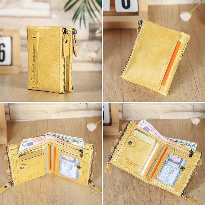 CONTACTS Soft Leather Wallet for Women Small Bifold Coin Purse Double Zipper Card Holder with RFID Blocking (Yellow)