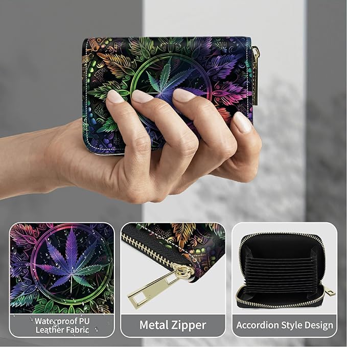 Cute Credit Card Holder with Zipper, Color Weeds RFID-Blocking Card Case Small Wallet for Women Men, Multi-slot Card Organizer Case Travel Accordion Wallet
