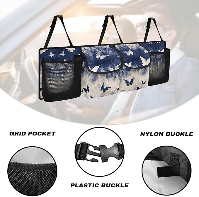 Blue Butterfly Car Backseat Hanging Trunk Organizer for SUV Collapsible Car Interior Accessories with 4 Pockets & 3 Adjustable Straps for Women