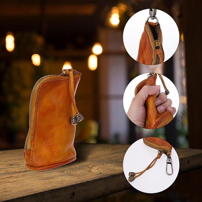 TIESOME Vintage Genuine Leather Zipper Coin Purse, Medieval Cowhide Change Holder Coin Pouch Wallet Coin Organizer With Key Ring Little Travel Wallet for Men(Brown)