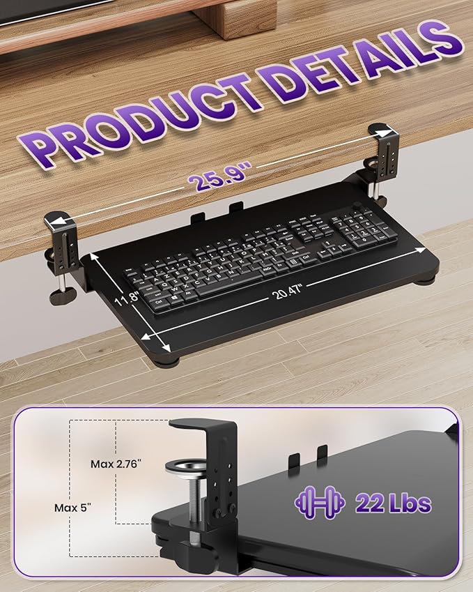 Ergonomic Mouse & Keyboard Tray Under Desk, Pull Out with Adjustable C-clamp, 20 (25.9 Including Clamps) x 11.8 Inch Slide Out Computer Keyboard Drawer Mouse Tray for Typing, Black