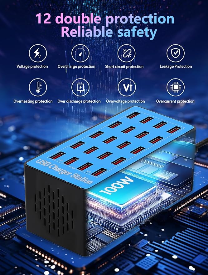 USB Charging Station,100W 20-Port Multi Smart Safety Fast Charger Station for Phone Tablet Watch Headphone PS, Compact Desktop Charger Home Office Travel