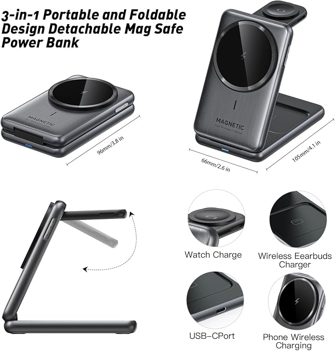 Upgraded 3-in-1 Magnetic Wireless Charger, Foldable Charging Station, Electromagnetic Induction Base,Compatible with MagSafe,Compatible with iPhone 12-17 Series, Apple Watch, and AirPods