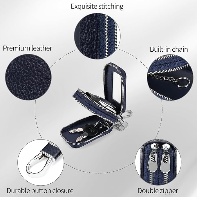 SENDEFN Car Key Fob Case Double Zipper Leather Smart Remote Keychain Protector Holder with Transparent Window
