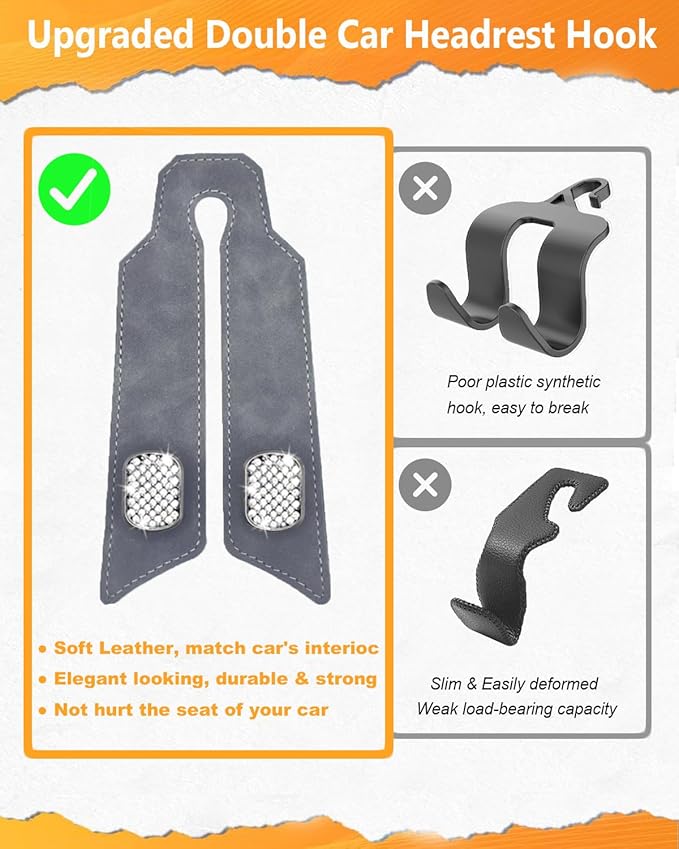 Purse Hook for Car, Car Hooks for Headrest Universal Purse Holder for Car, Bling Car Seat Hooks for Headrest, Car Seat Back Storage Hook (4 Pack, Gray)