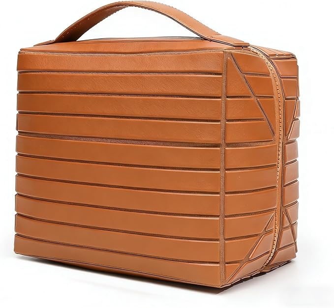 Fold Down Standing Makeup Bag – Large Travel Toiletry Organizer (Brown) | Parallel design, waterproof PVC, stands upright or folds flat. Full-size cosmetics & Toiletries. Ideal for travel, gym, home.